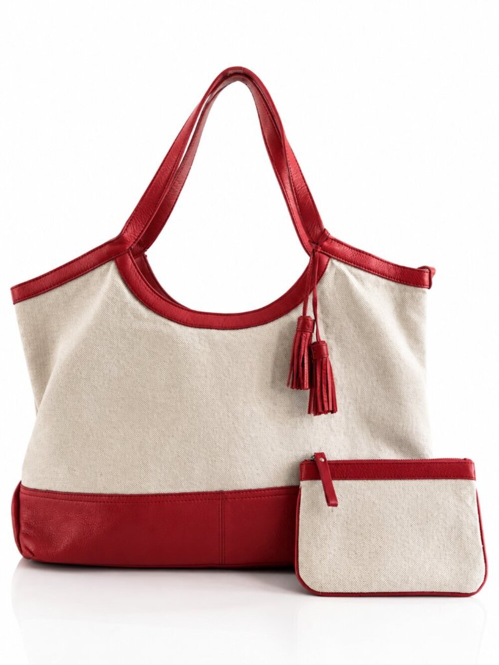 LANDS END Linen Leather Tote Bag Beige Red Vintage